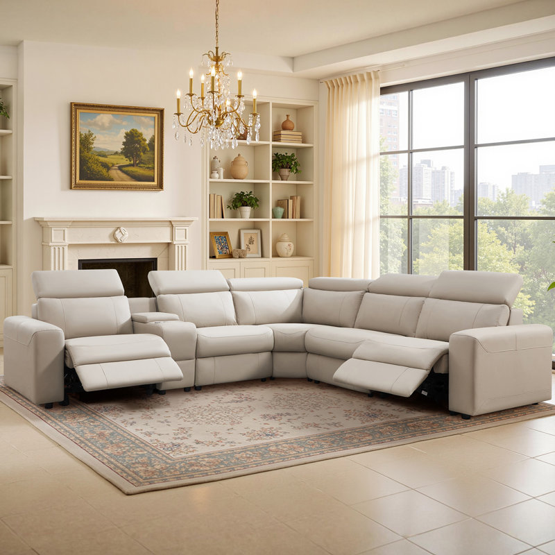 Oversized Power Reclining Leather Sectional Sofa With Console And Dual Recliners For Living Room Beige, Beige Faux Leather
