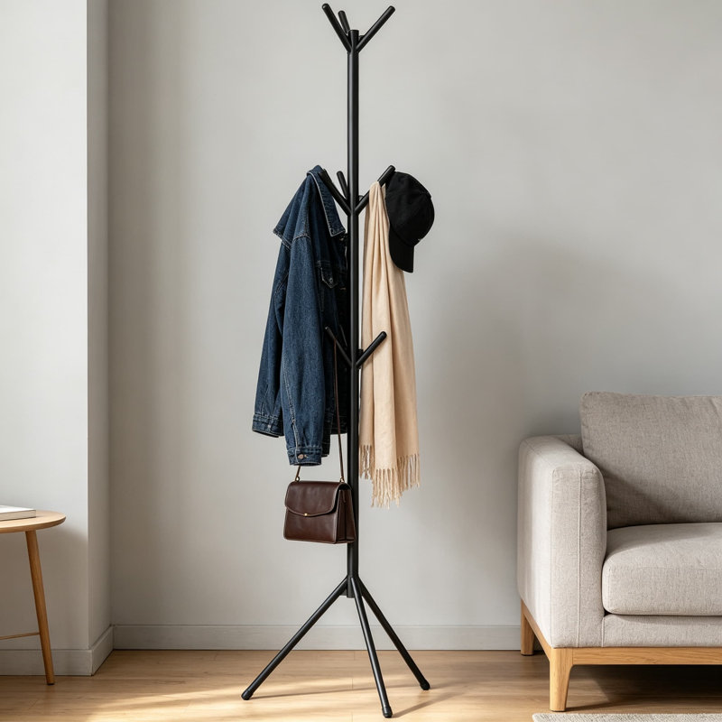 Portemanteau en métal avec conception de branche d'arbre, support à crochets imperméable pour la salle de bain et le vestibule, support de base triangulaire stable pour vêtements et chapeaux