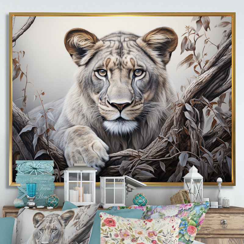«Afrique Lioness Power II», reproduction sur toile, Cadre flottant doré, H 16 po x l 32 po x P 1 po