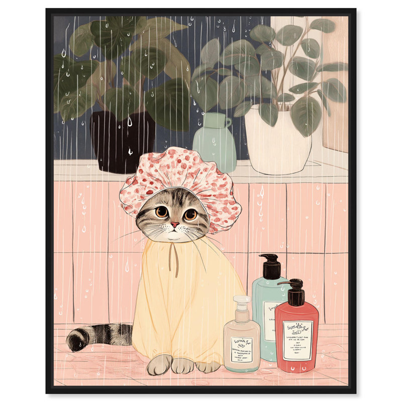 Douche, chat, animaux de compagnie, reproduction d'art sur toile par Art Remedy, Structure noire, H 16 po x l 20 po