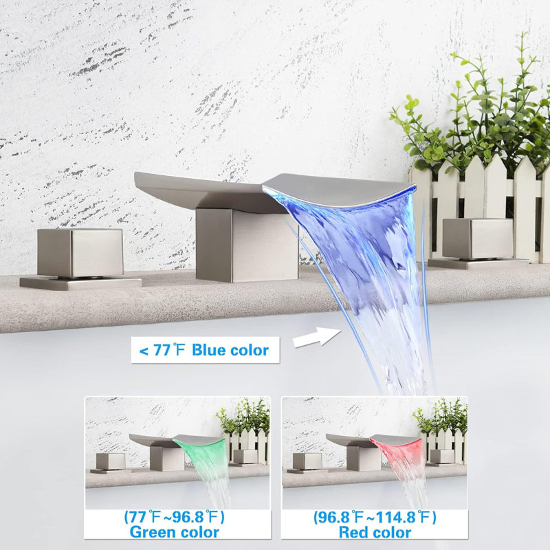 LED Bathroom Waterfall Sink Faucets, 8 Inch Widespread Bathroom Faucet 3 Hole, 2 Handle Roman Tub Faucet Deck Mount Waterfall Sink Faucet