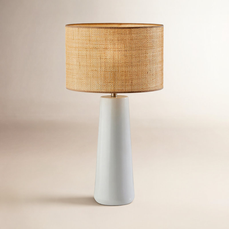 Piazza Ceramic Table Lamp, White, Natural Rattan w. Beige Trim, 30''H x 16''W x 16''D