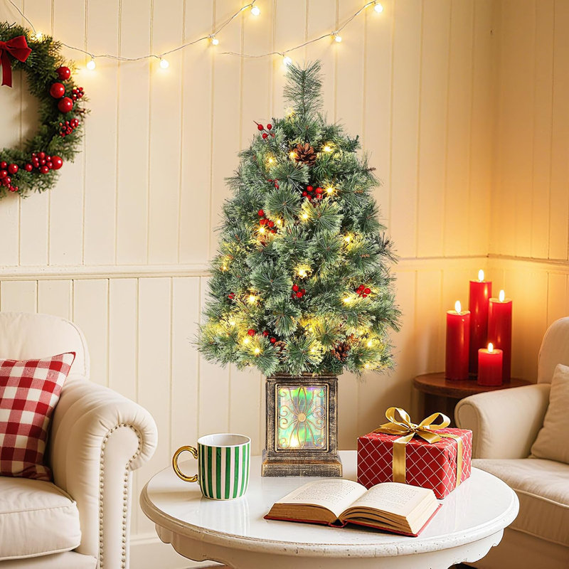 Arbre de Noël artificiel illuminé 3 pi avec 70 lumières DEL, mini arbre de Noël de table en pot rétro pour les fêtes, la maison, le bureau et le vestibule