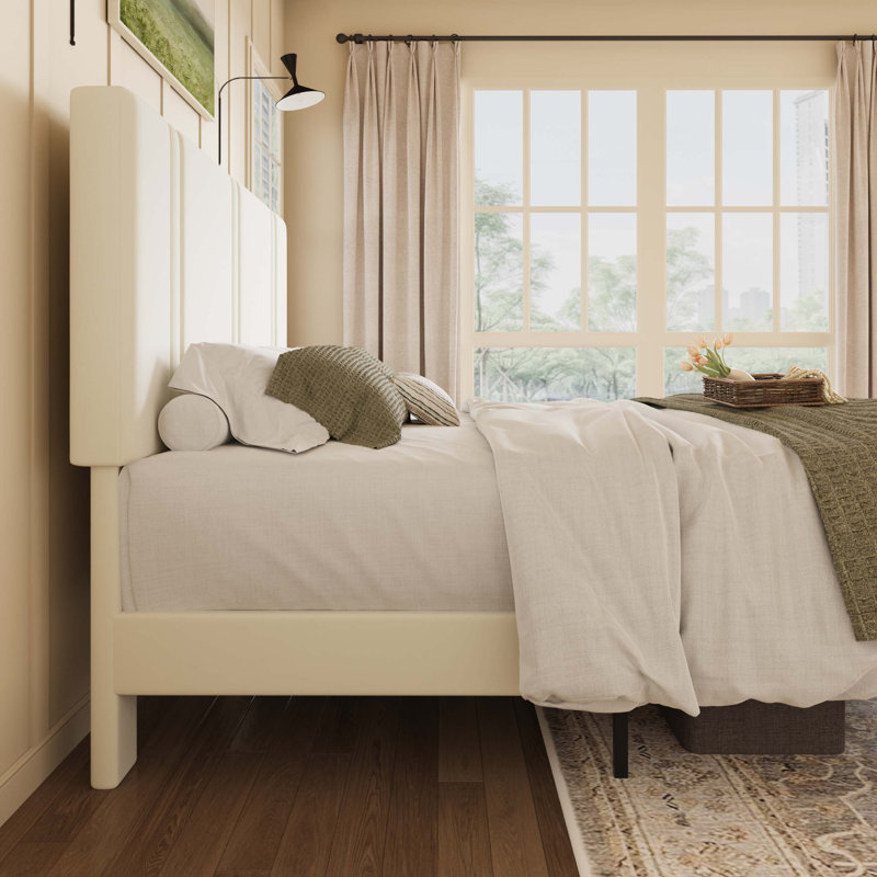 Modern Low-Profile Velvet Upholstered Platform Bed Frame With Headboard, Queen, Cream