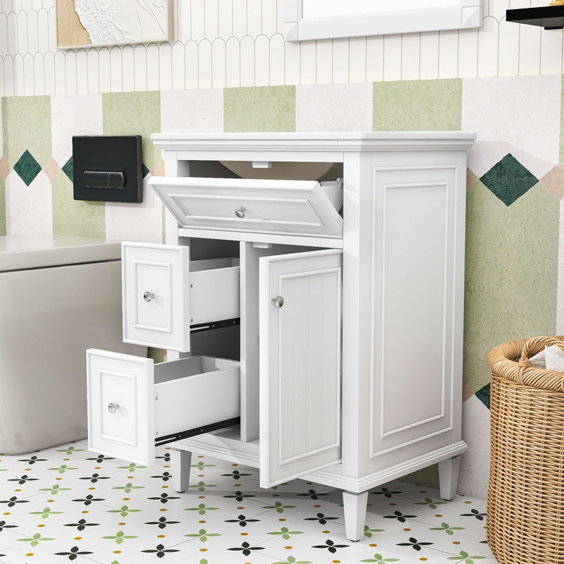 Meuble-lavabo simple contemporain en bois avec lavabo en céramique, tablette réglable et tiroirs de rangement, Blanc
