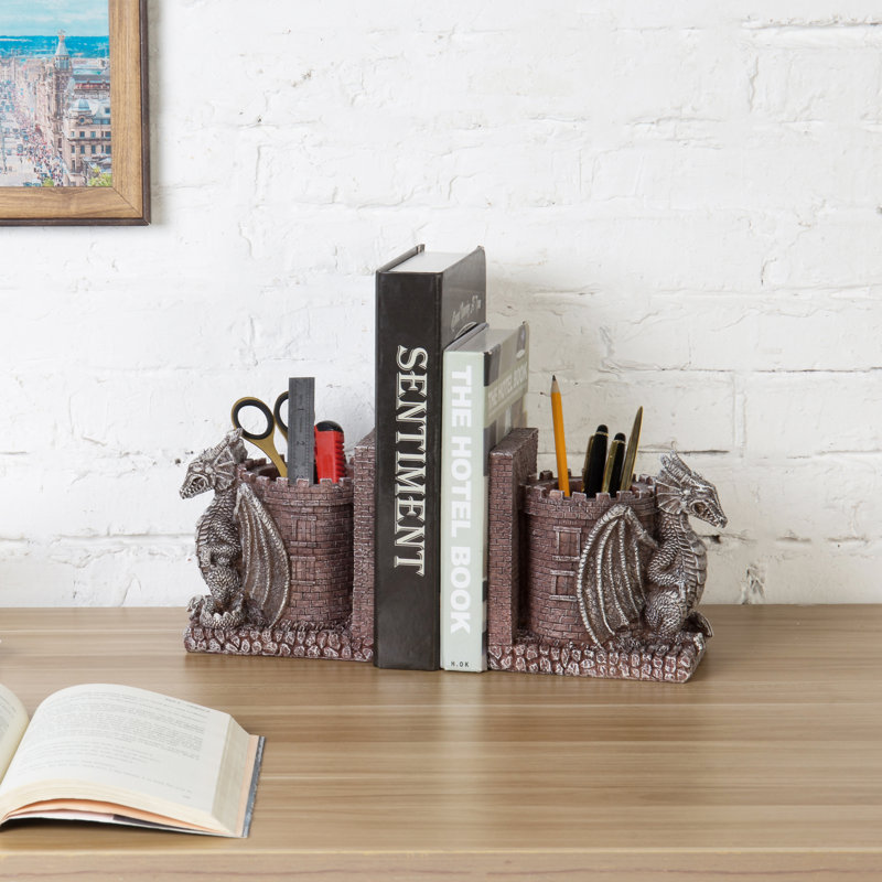 Serre-livres Dragon Castle en résine - Ensemble de 2 porte-livres fantaisie décoratifs avec rangement pour crayons pour la maison et le bureau