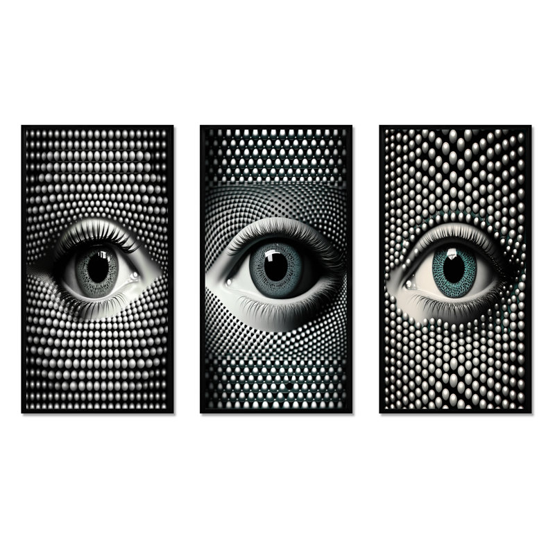 "Œil monochrome", 3 pièces sur toile, H 20 po x l 36 po, Noir