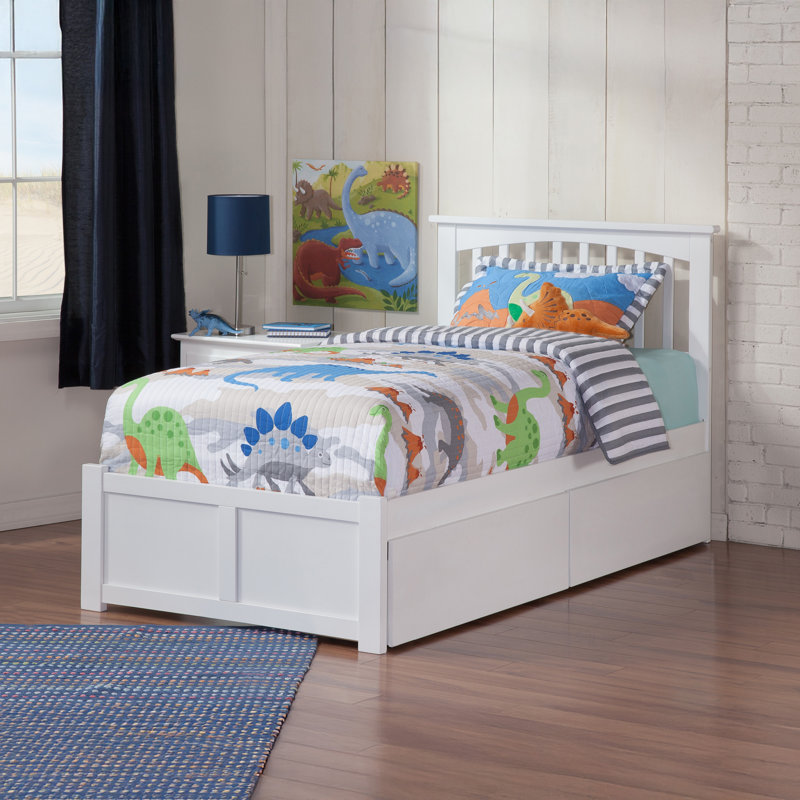 Lit plateforme en bois massif avec pied de lit et tiroirs de rangement Huntsville, Simple TG, Blanc