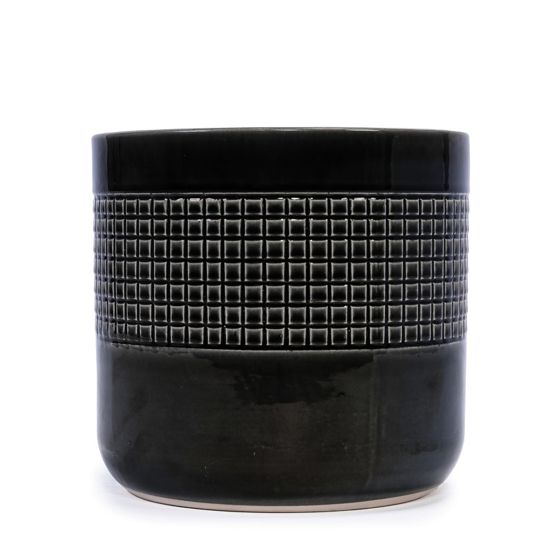 3 Pieces Modern Pattern Glossy Black Ceramic Flowerpot With Built - In Drainage For Indoor And Outdoor Decor, 9.4" L X W 9.35" H, Finish All Season Durability Patio, Garden Windowsill Arrangement,