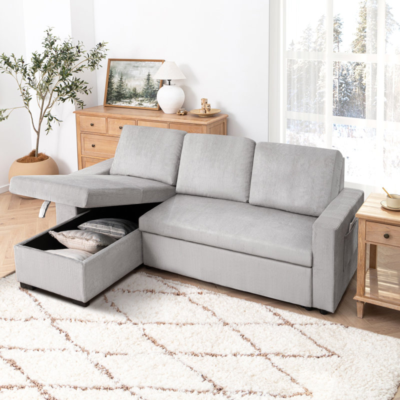 Modern Sleeper Sofa With Pull Out Bed & Storage Chaise, Gray Corduroy
