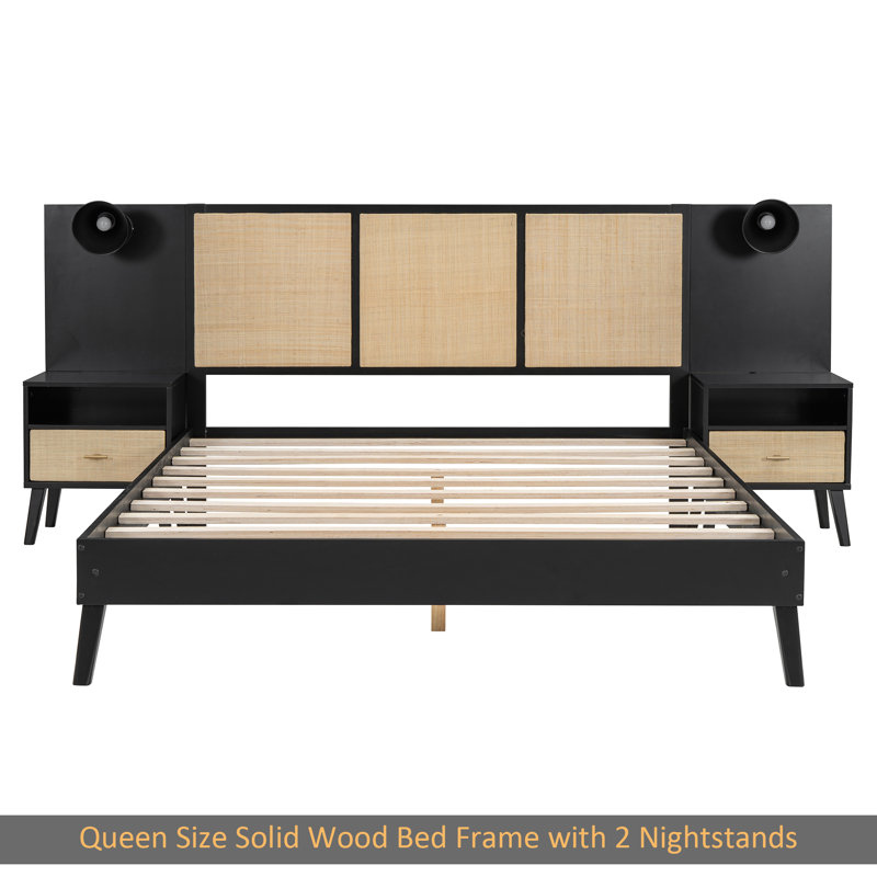 Grand cadre de lit en bois massif avec 2 tables de chevet, design élégant avec lampes, rotin et combinaison de bois, noir