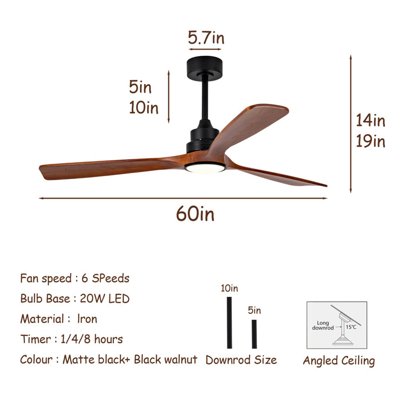 Ventilateur de plafond noir moderne 52 pouces avec lumière et 3 pales en bois massif avec moteur à courant continu réversible et télécommande