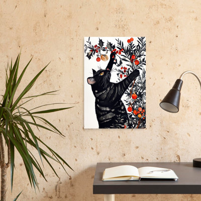 Playful Christmas Cat And Holly Playful Abstract Contemporary Cat Tree Winter Wall Art Print 1 Piece Wrapped Canvas Wall Art