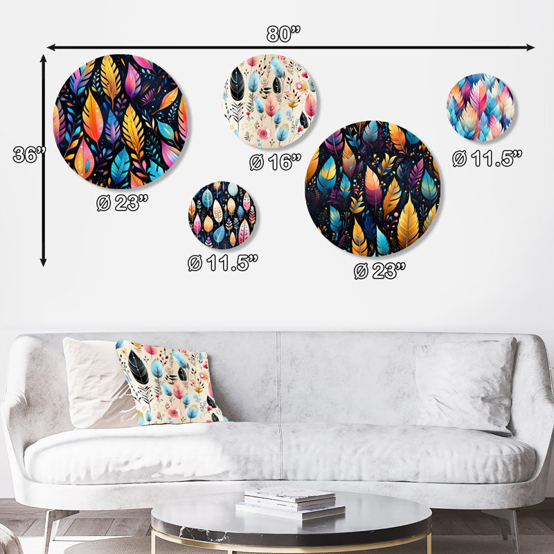 Tribal Dreamscape, motif de plumes bohémiennes - ensemble bohème floral d'art mural rond de 5