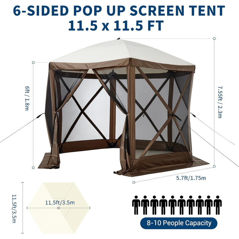 Tente escamotable 11,5 x 11,5 pi avec tente moustiquaire avec moustiquaire, abri de soleil à 6 côtés et sac de transport, pour le camping, le pique-nique, la randonnée, la survie en milieu sauvage
