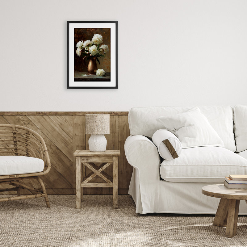 Vase en bronze, pivoines, reproduction encadrée sous verre, design par Petal Prints Design, 20 x 14