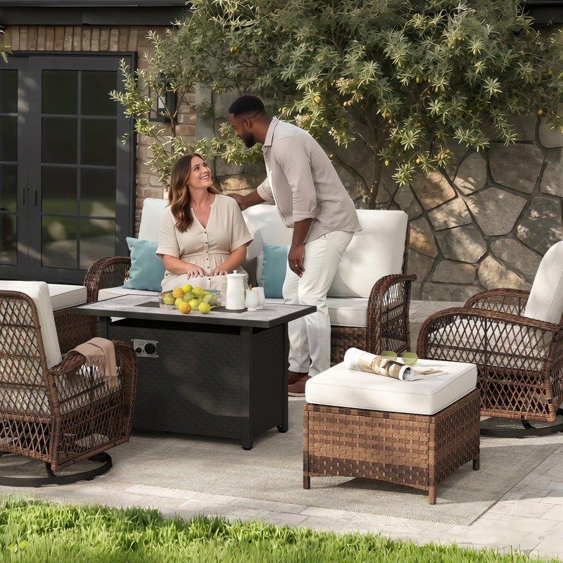 All-weather Wicker 5 - Person Patio Conversation Sets With Fire Table, Cream, Yes
