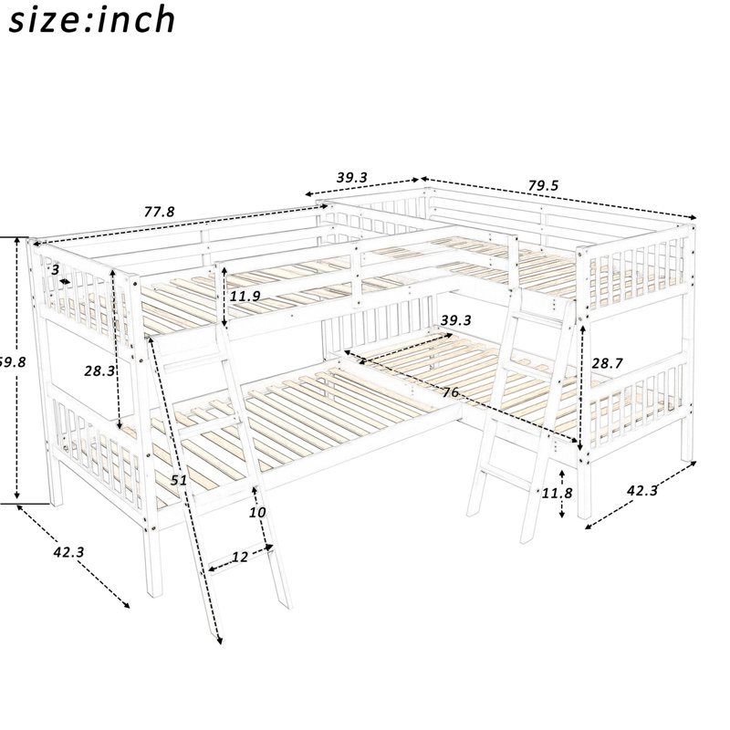 Lit superposé en forme de L, taille simple - gris. Cadre en bois massif. Fonctionnalité polyvalente. Convient à un décor de chambre à coucher classique. Aucune boîte à ressorts nécessaire. Sécuritaire pour la famille. Dimensions de 76 po x 39 po. Capacité de poids de 175 lb / 275 lb