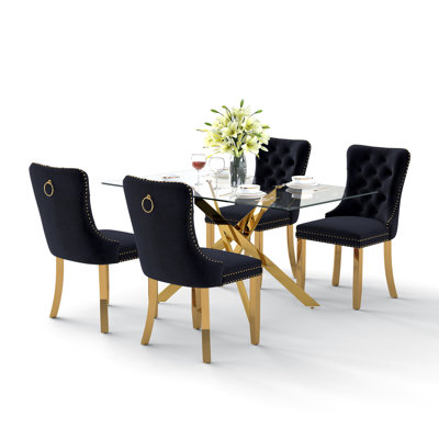 Ensemble de table de salle à manger rectangulaire en verre trempé, table de salle à manger de luxe avec chaise de salle à manger en velours capitonné