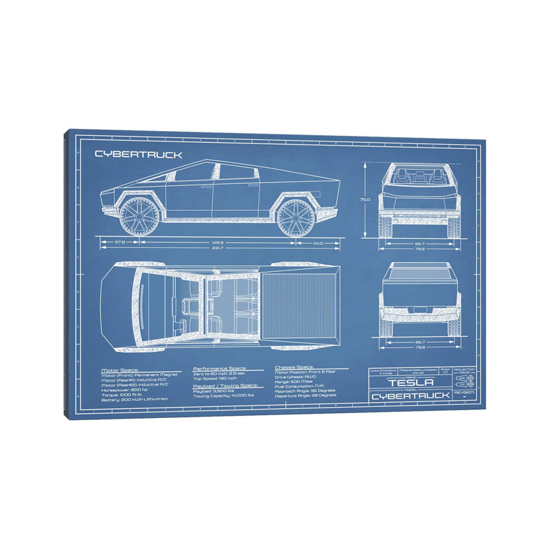 Tesla Cybertruck (2020-2022) Blueprint by Action Blueprints - Wrapped Canvas Print, 101.6 cm H x 66.04 cm W x 1.91 cm D