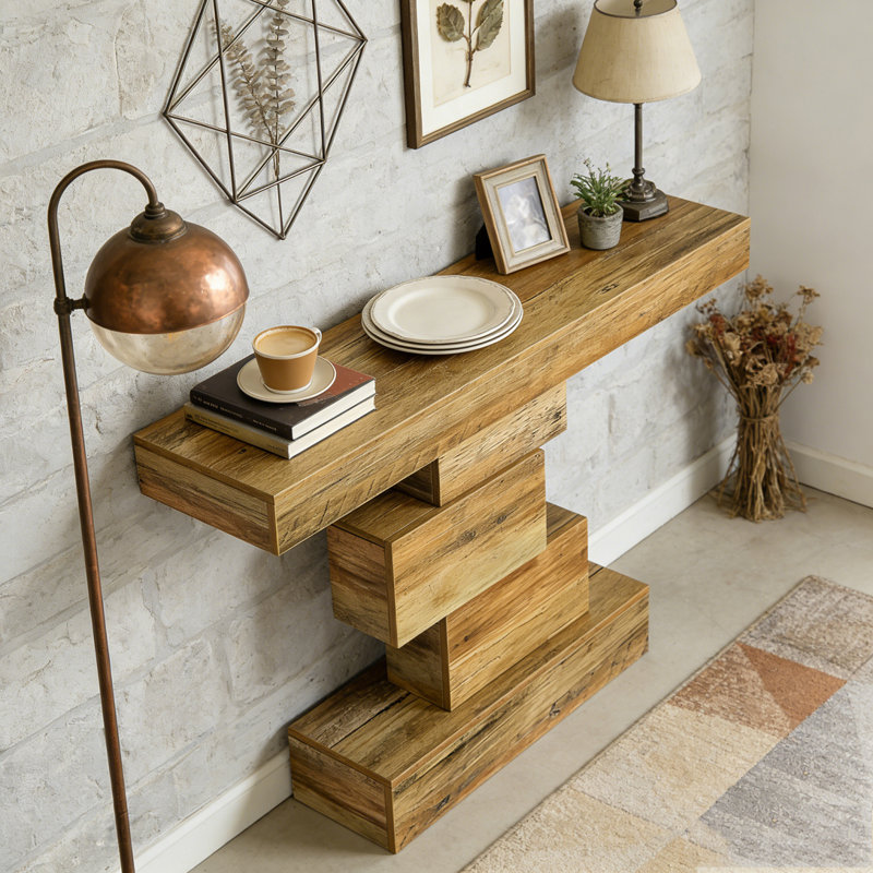 Table d'appoint en bois avec base géométrique, Brun pâle