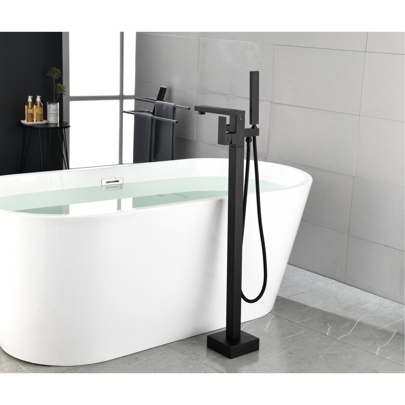 Robinet de baignoire à fixation au sol en noir mat - avec douche à main et bec mobile à haut débit autoportant avec tête et pivot
