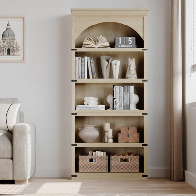 68.7 Inch Tall 5-Tier Farmhouse Open Bookshelf with Arch Frame, 31.5" Wide Engineered Wood Storage Shelf for Living Room, Bedroom, Study & Home Office
