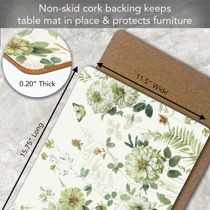 Green Floral Hardboard Cork Back Rectangular Placemats, Set of 4
