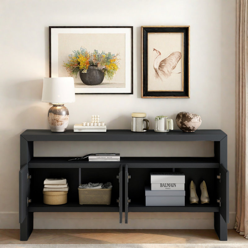 Console moderne à 4 portes avec tablette ouverte et grain de bois naturel, Noir