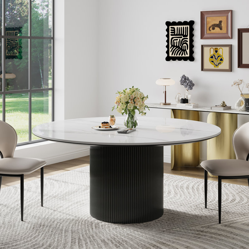 Table de salle à manger 59 po ronde moderne pour 6-8, plateau en pierre frittée brillante, blanc, Blanc