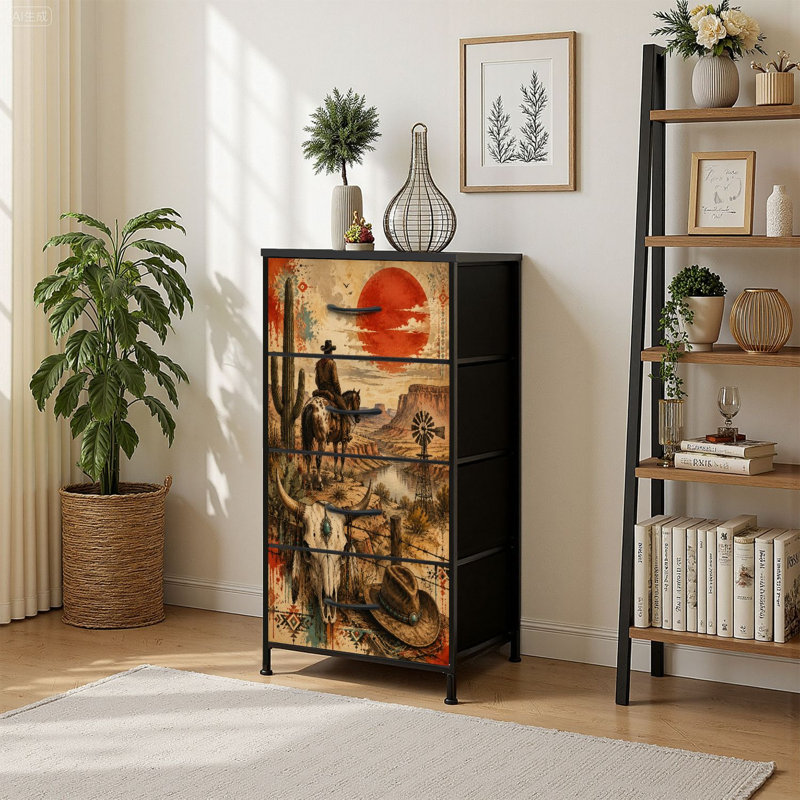 Commode 4 tiroirs à rangement vertical avec scène de cowboy de l'Ouest, paysage de cactus, ciel rouge avec tiroirs en bois