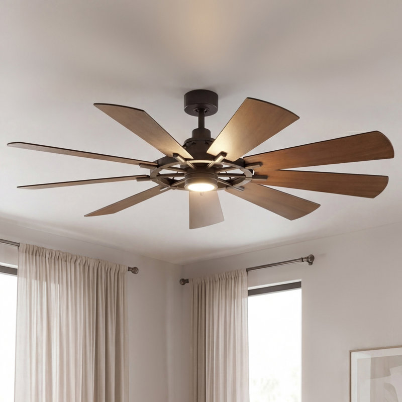 Kichler Gentry 65" 9 - Blade LED Windmill Ceiling Fan with Wall Control and Light Kit Included, Anvil Iron