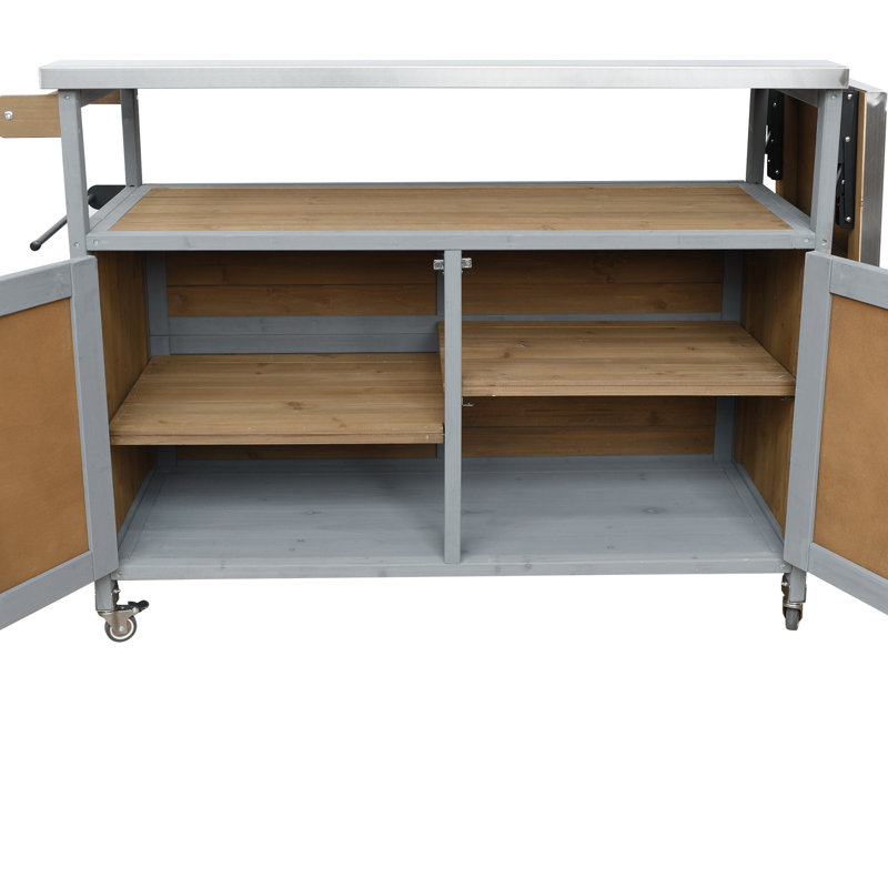 Outdoor Solid Wood Kitchen Island Portable Bar Cart With Storage Cabinet, Gray/Espresso