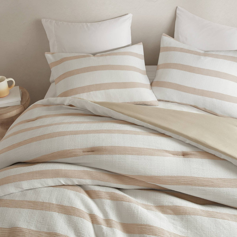Édredon 3 pièces pour lit double / rayé teint en laine, Ensemble de draps double / grand + 2 pièces suppl, Taupe