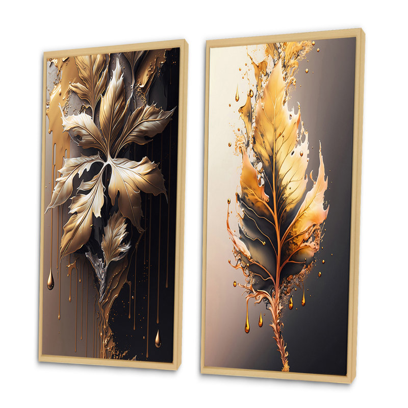 «Gold Abstract Leaves», 2 pièces sur toile, Encadrement brun, H 20 po x l 24 po