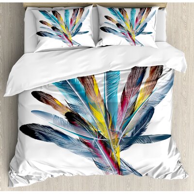 Feather House Inspirational Bouquet of Types of Colorful Retro Quill Pen Feather Figures Duvet Cover Set -  Ambesonne, nev_20233_king