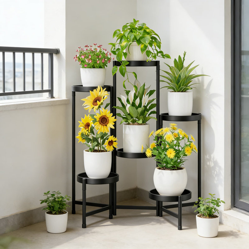 Support pour plante pliable robuste à 6 niveaux avec plateaux réglables antirouille, organisateur vertical robuste pour les grandes plantes d'intérieur en pot
