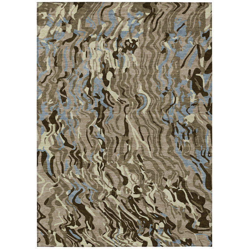 Taupe and Blue Synthetic Washable Non-slip Rectangular Rug