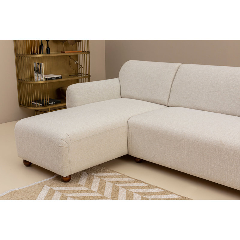 Stylish Corner Sofa, White & Beige, 107.5 x 63.8 x 33.9 inches | Durable 100% Polyester Fabric, Beech Wood & Chipboard Frame | Comfortable 8 cm Grey Foam + 5 cm Feather Cushions | Includes 2 Pillows, Walnut Legs, Dry-Cleanable Design