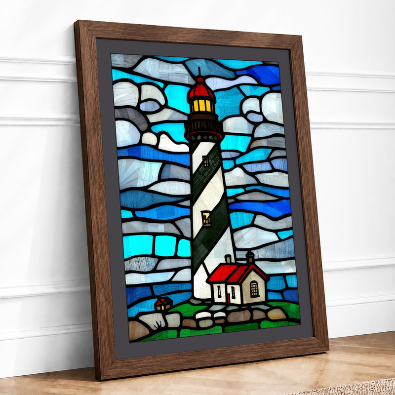 Stained Glass Lighthouse Coastal - Framed Print, A4 - 29.7 x 21.0 cm, Walnut