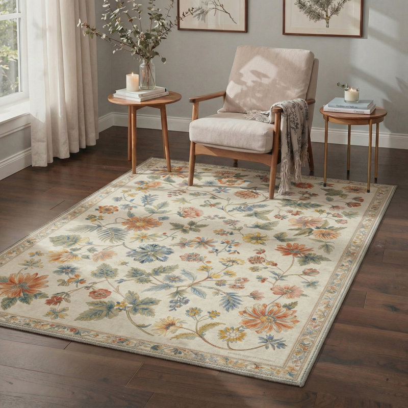 Tapis d'intérieur beige / vert / orange lavable à la machine Acker Verdant, Rectangle 5 pi x 7 pi