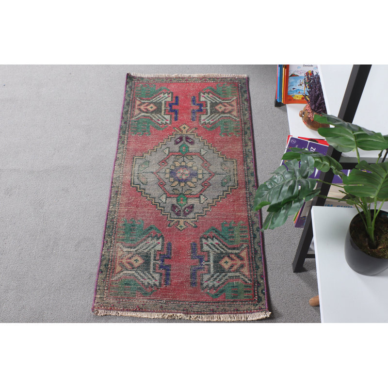 Vintage Handmade Turkish Red Wool Rug Featuring Unique Color Combos And Tribal Design Ideal For Small Entryways
