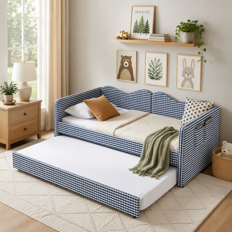 Lit de jour rembourré avec couchette gigogne Gingham, Twin, Dark Blue