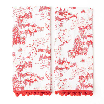 Santa Toile Pom Pom Kitchen Towel Set