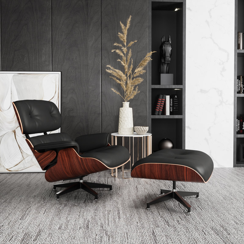 Fauteuil et repose-pieds en cuir véritable, Redrosewood, Cuir véritable noir
