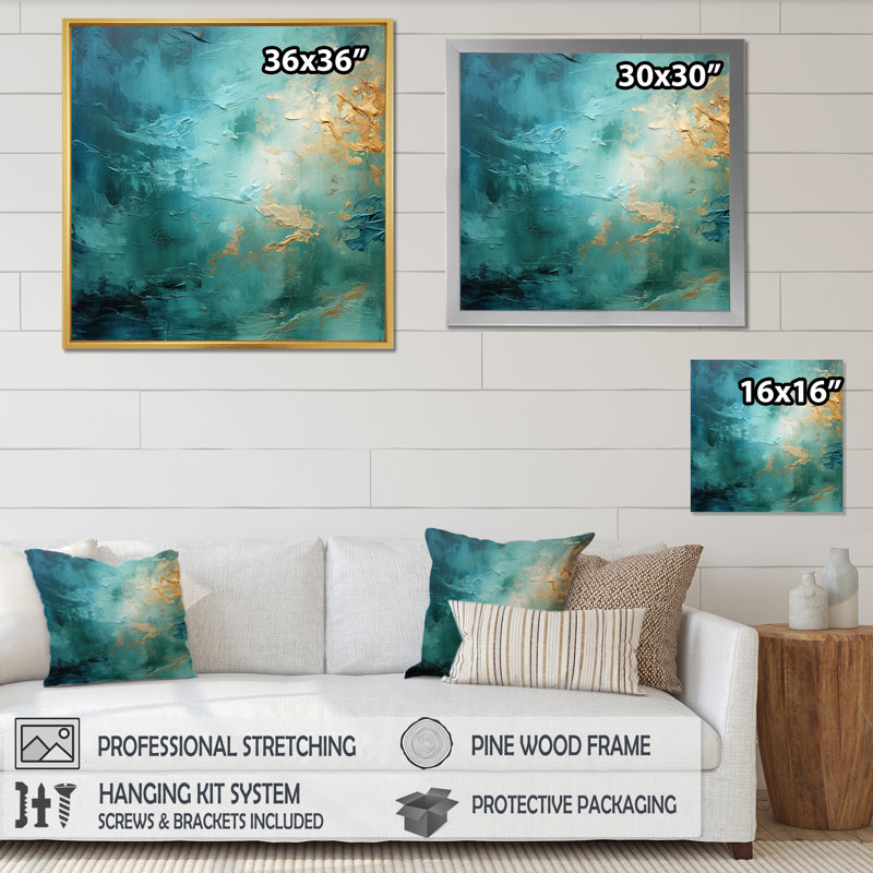 Teal Oasis III - Abstrait paysages, art mural, H 36 po x l 36 po x P 1,5 po, Cadre simple noir