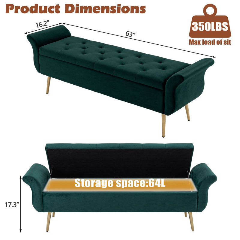 Banc de rangement avec repose-pieds et banc de rangement de 63 po de longueur, Vert