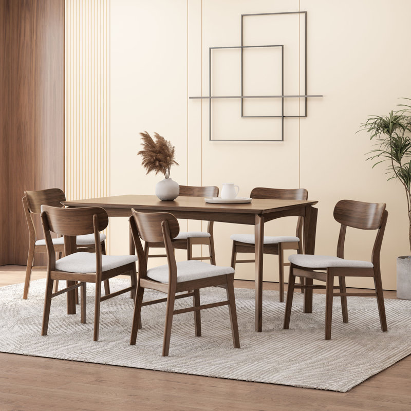 Jeffie 6 - Person Four Leg Dining Set, Natural Walnut, Light Beige/Natural Walnut