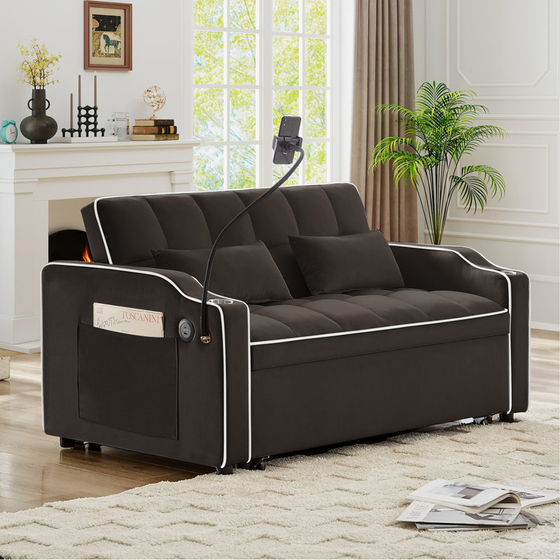 Versatile Foldable Double Seat Recliner, Comfortable Velvet Pull-Out Sleeper Sofa Bed With Side Pockets, USB Port, Swivel Phone Stand, Ashtray And Adjustable Backrest