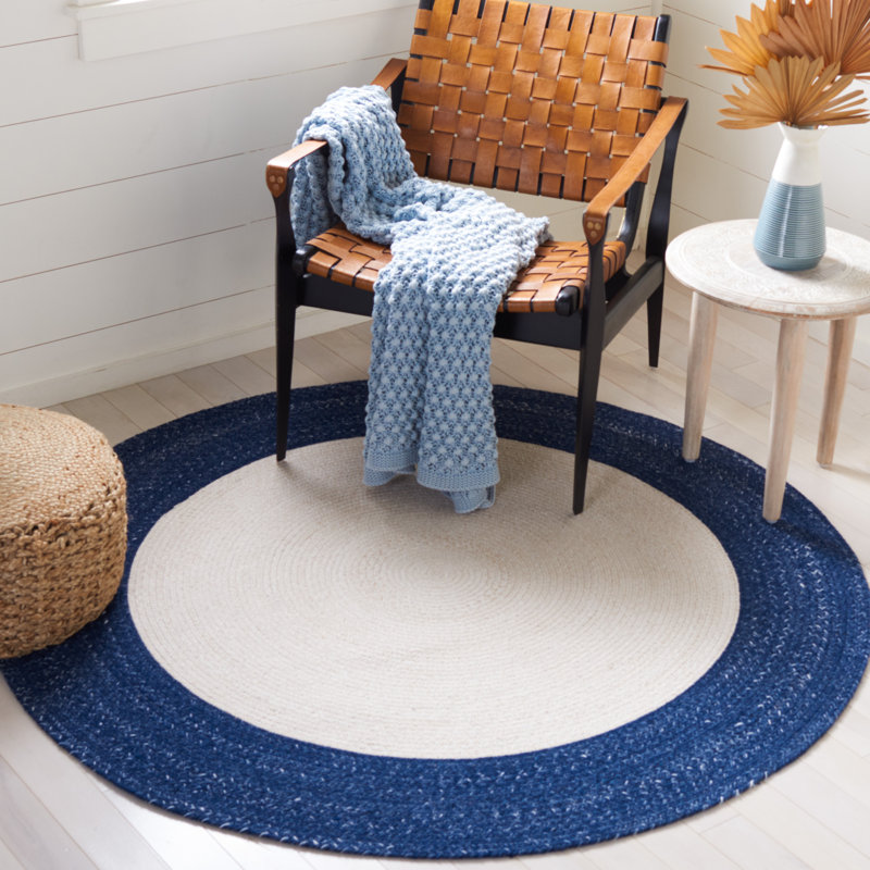 Tapis rond en polyester tissé à la main ivoire / bleu marine Krayton, Rond 3 pi